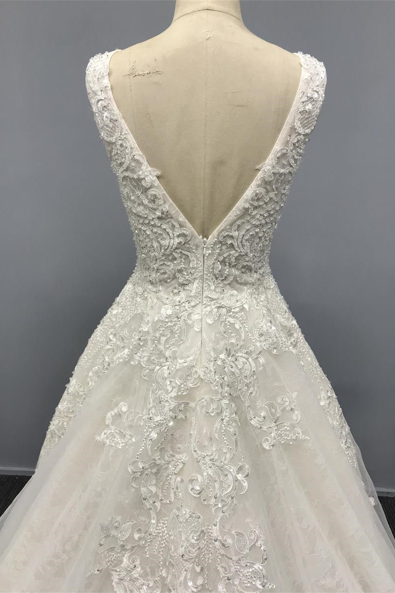 White A Line Sleeveless Tulle Sweetheart Wedding Dress with Appliques and Sequins for Court-BallBride