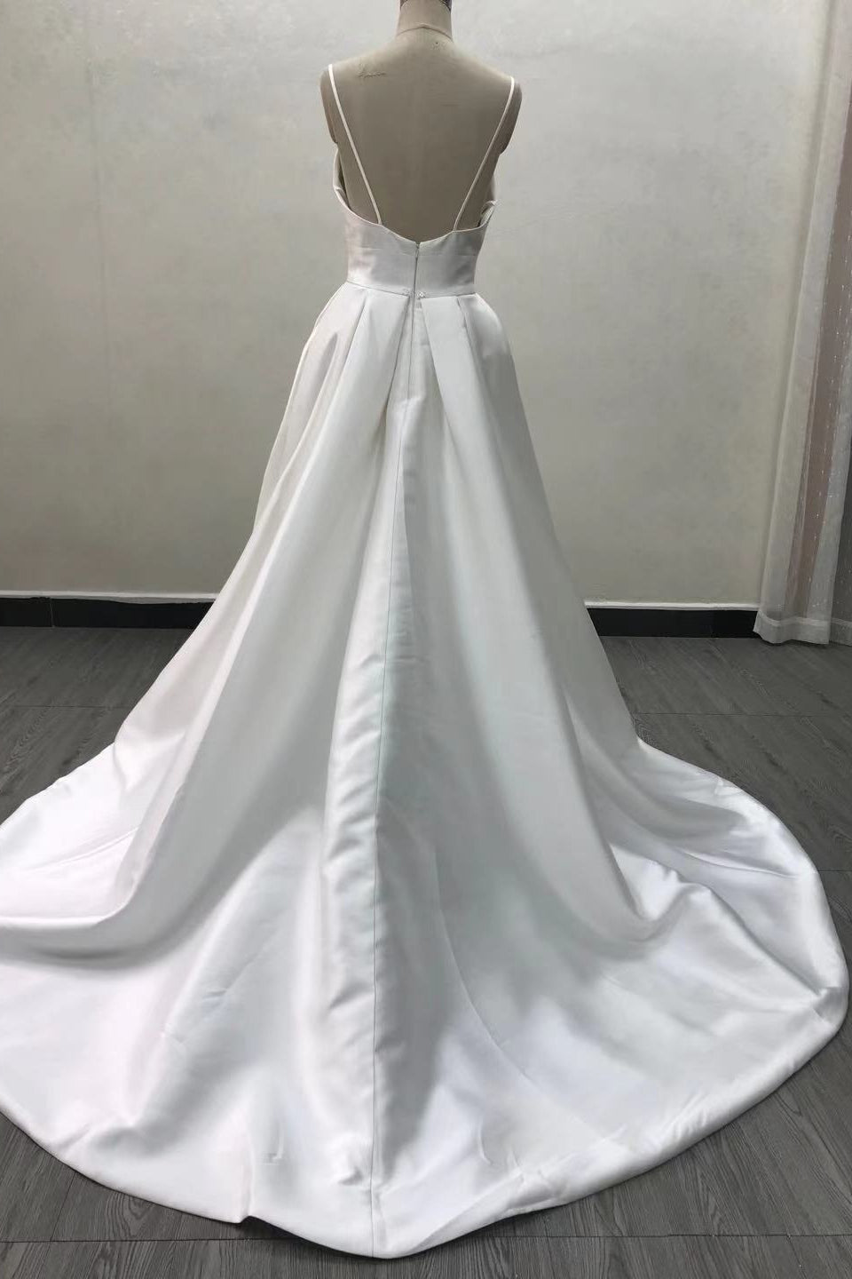 White A Line Taffeta Wedding Dress with Spaghetti Straps and Bow-BallBride
