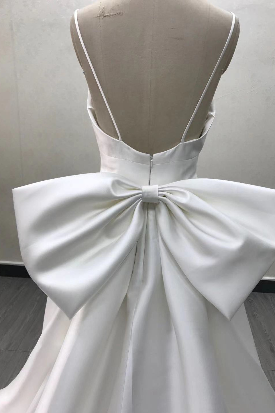White A Line Taffeta Wedding Dress with Spaghetti Straps and Bow-BallBride