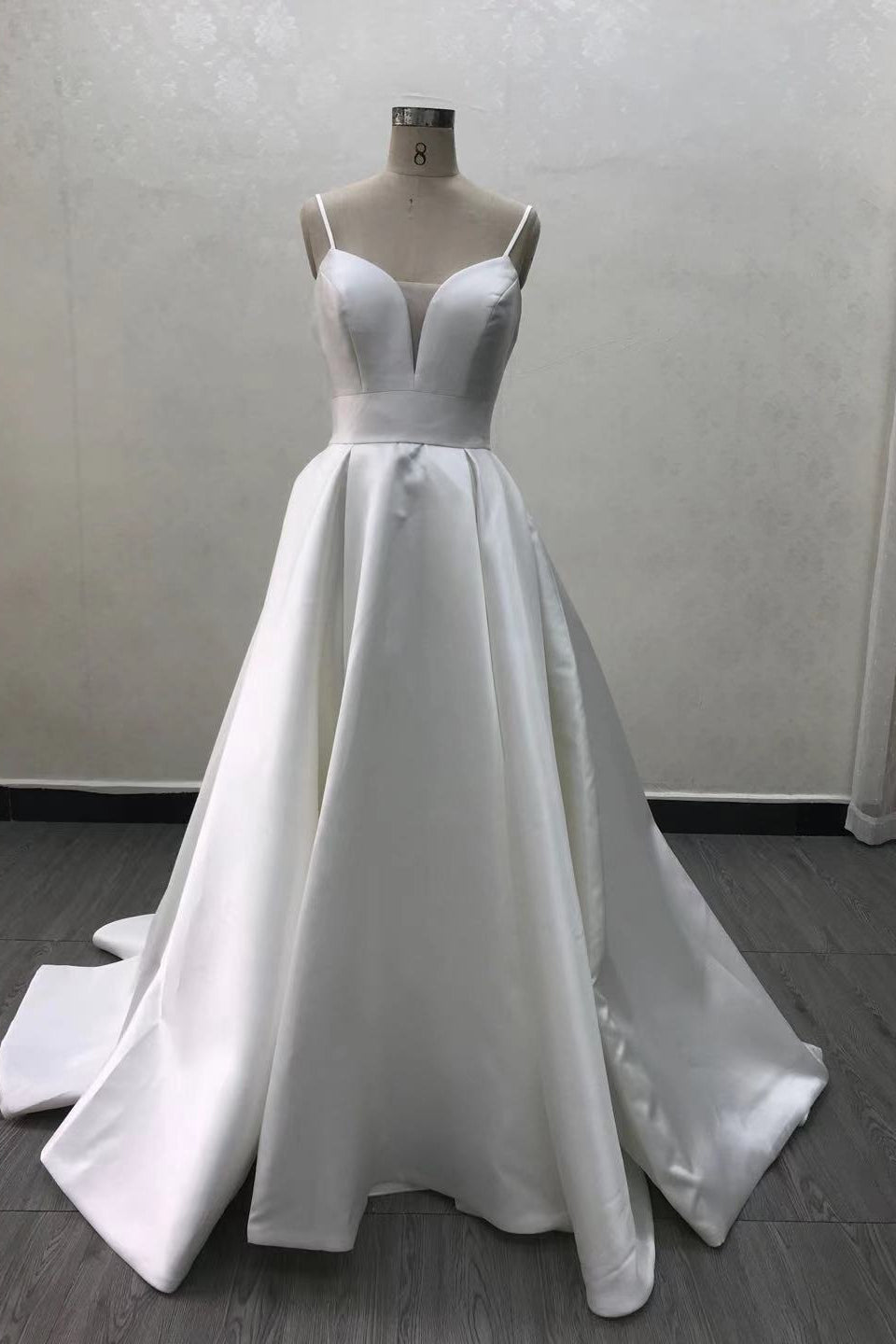 White A Line Taffeta Wedding Dress with Spaghetti Straps and Bow-BallBride