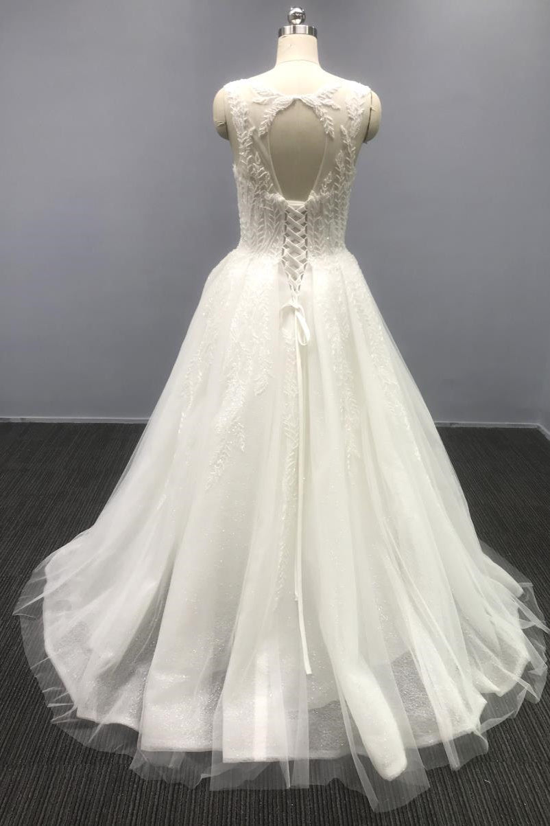 White A-Line Tulle Wedding Dress with Sequins and Spaghetti Straps Open Back-BallBride