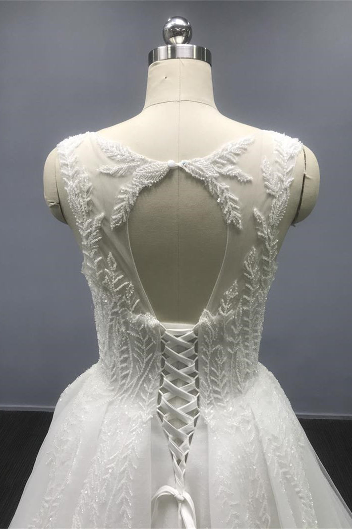 White A-Line Tulle Wedding Dress with Sequins and Spaghetti Straps Open Back-BallBride