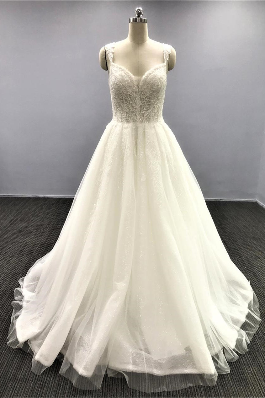 White A-Line Tulle Wedding Dress with Sequins and Spaghetti Straps Open Back-BallBride