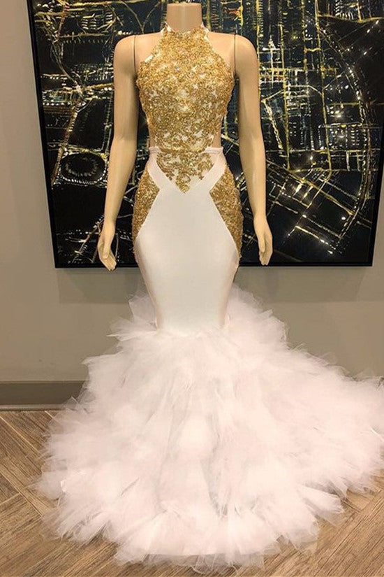 White And Gold Halter Sleeveless Appliques Ruffles Prom Dress-BallBride