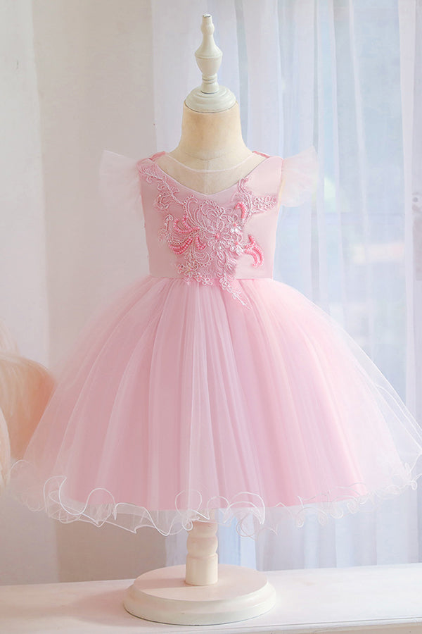White Ball Gown with Jewel Flower Appliques and Short Sleeves-BallBride