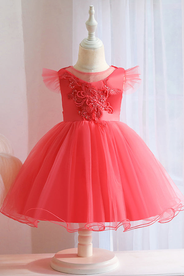 White Ball Gown with Jewel Flower Appliques and Short Sleeves-BallBride