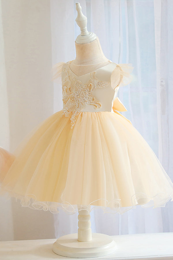 White Ball Gown with Jewel Flower Appliques and Short Sleeves-BallBride