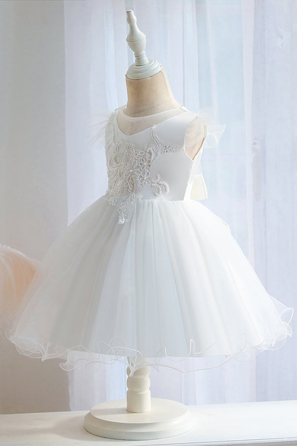 White Ball Gown with Jewel Flower Appliques and Short Sleeves-BallBride