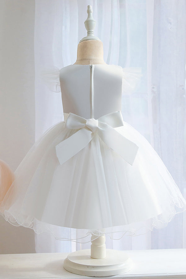 White Ball Gown with Jewel Flower Appliques and Short Sleeves-BallBride