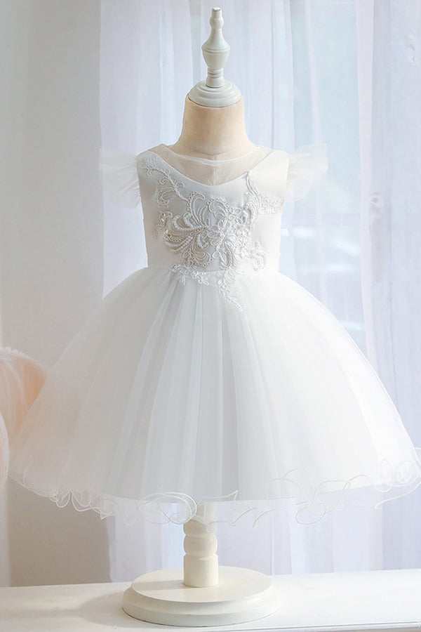 White Ball Gown with Jewel Flower Appliques and Short Sleeves-BallBride