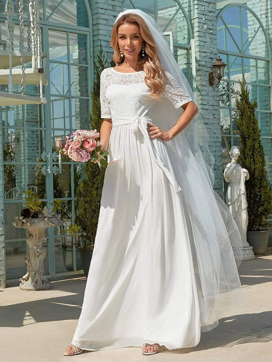 White Casual Wedding Dress Chiffon Jewel Neck Short Sleeves Sash A-Line Long Bridal Gowns-BallBride