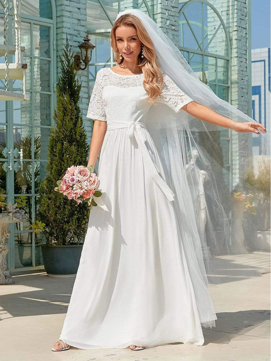 White Casual Wedding Dress Chiffon Jewel Neck Short Sleeves Sash A-Line Long Bridal Gowns-BallBride