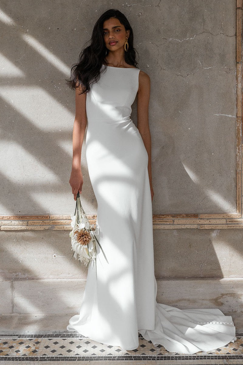 White Casual Wedding Dress With Train Bateau Neck Sleeveless Sexy Backless Satin Fabric Mermaid Bridal Gowns-BallBride
