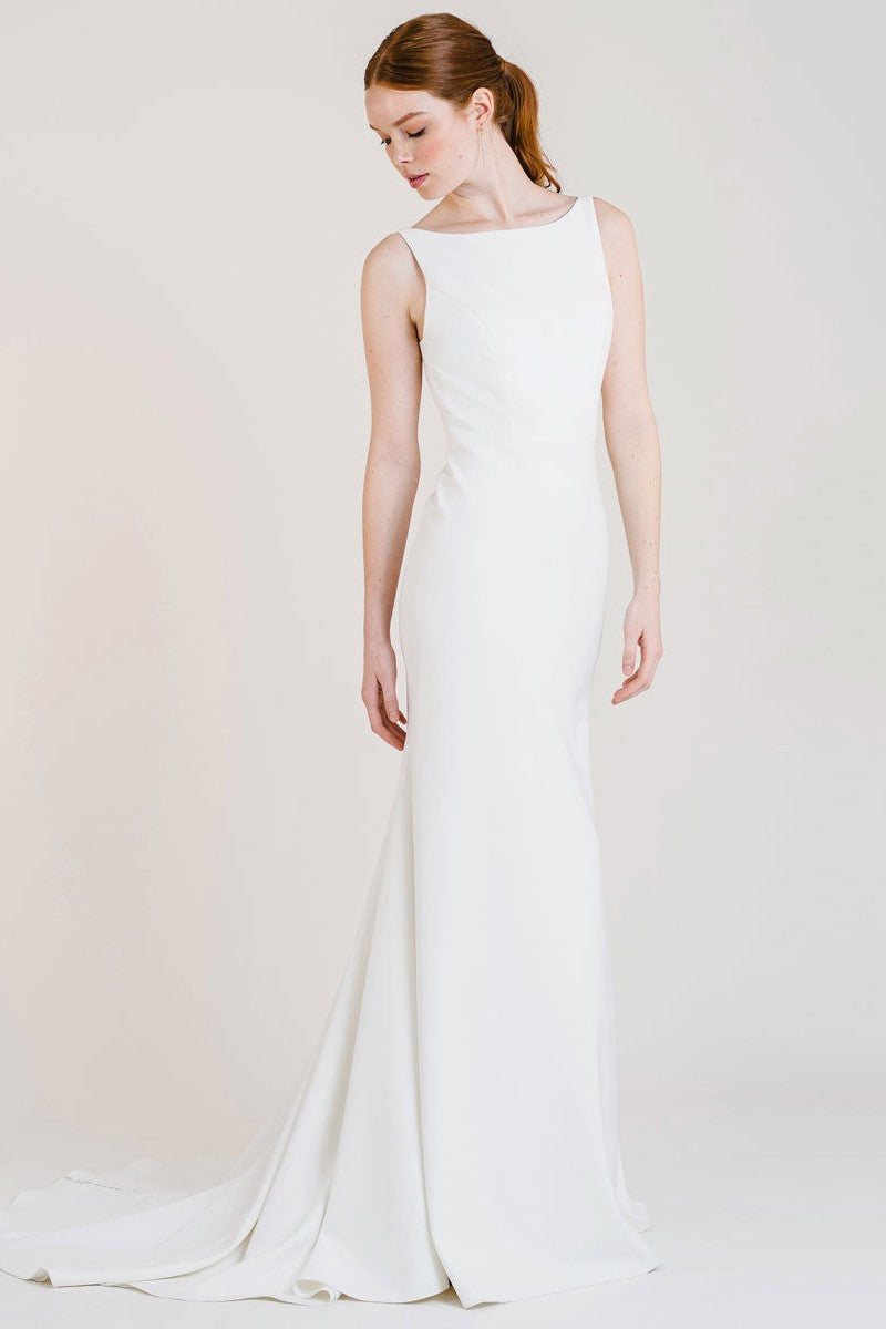 White Casual Wedding Dress With Train Bateau Neck Sleeveless Sexy Backless Satin Fabric Mermaid Bridal Gowns-BallBride