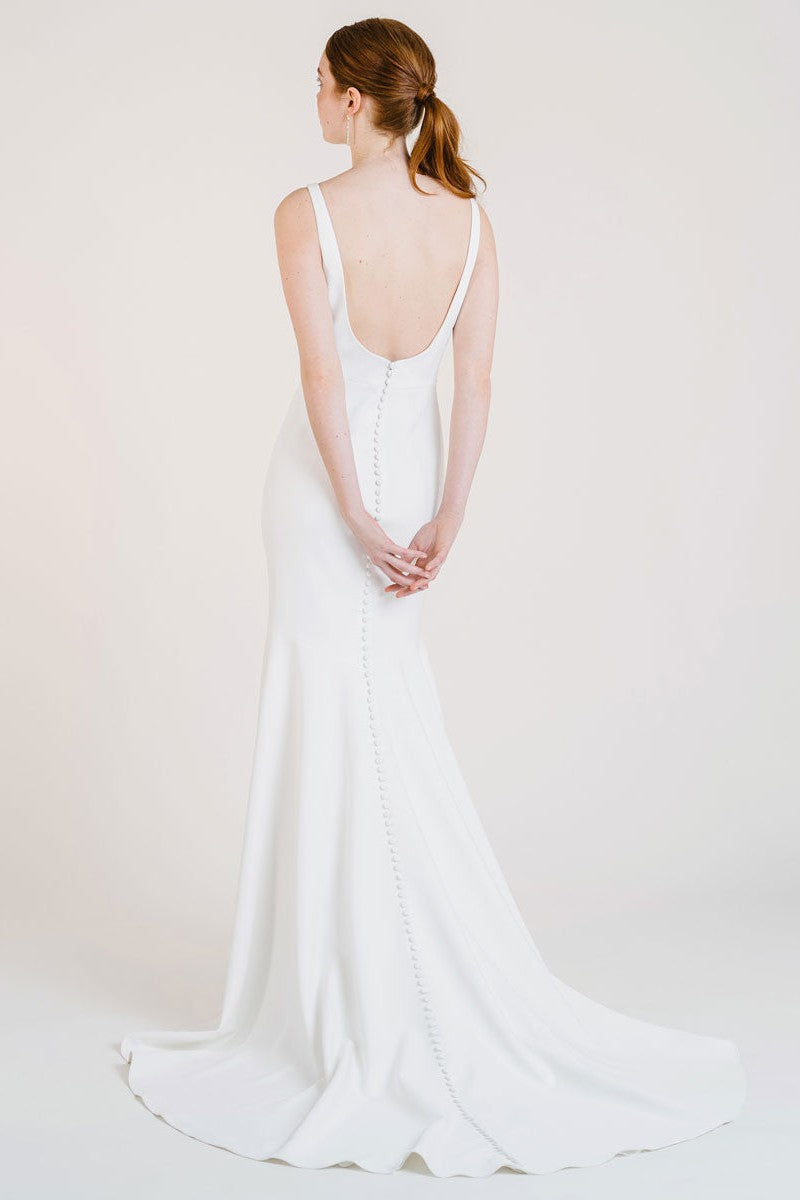 White Casual Wedding Dress With Train Bateau Neck Sleeveless Sexy Backless Satin Fabric Mermaid Bridal Gowns-BallBride