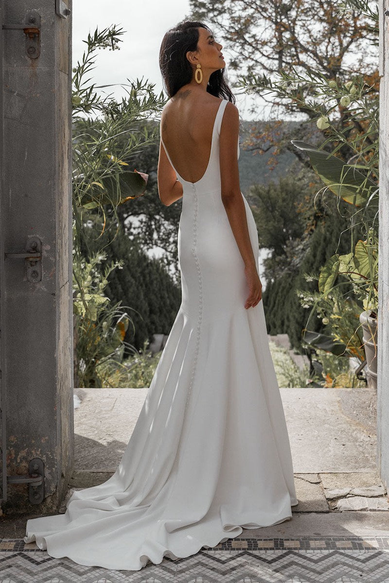 White Casual Wedding Dress With Train Bateau Neck Sleeveless Sexy Backless Satin Fabric Mermaid Bridal Gowns-BallBride