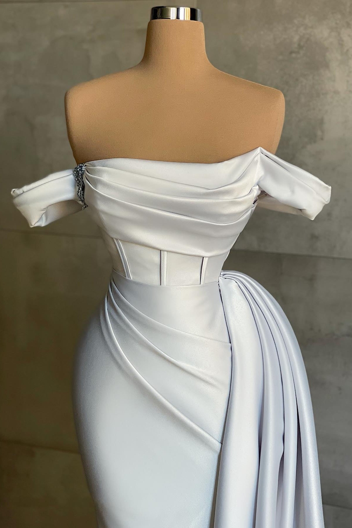 White Chic Off The Shoulder Mermaid Satin Long Prom Dress-BallBride