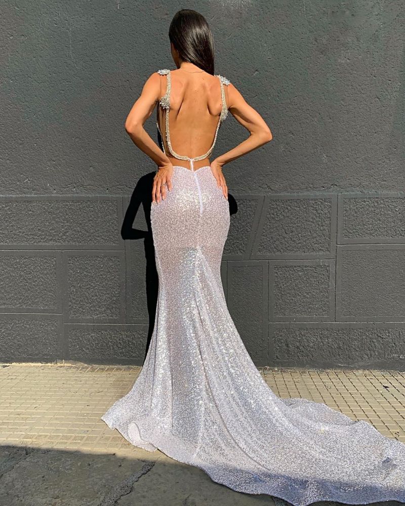 White Deep V-Neck Appliques Sequins Mermaid Backless Prom Dress-BallBride