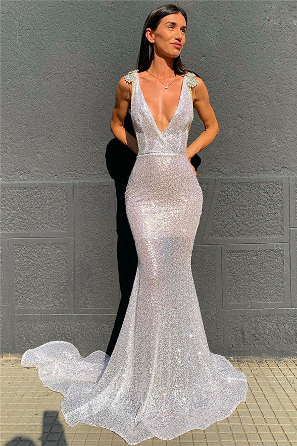White Deep V-Neck Appliques Sequins Mermaid Backless Prom Dress-BallBride