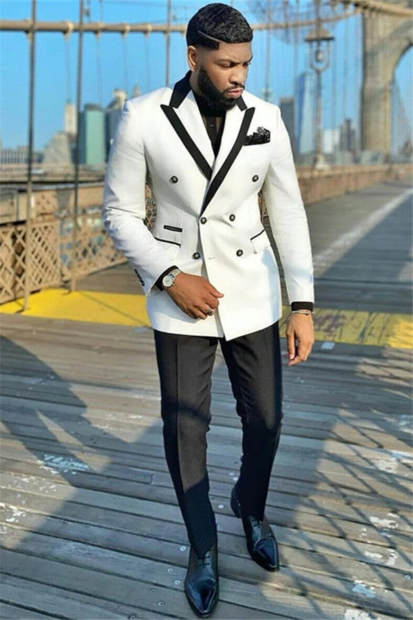 White Double Breasted Peaked Lapel Wedding Suit - New Arrival-BallBride