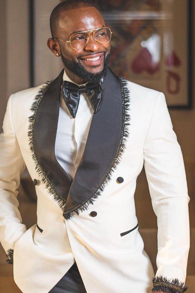 White Double Breasted Shawl Lapel Wedding Suit with Tassels by Ackerly-BallBride