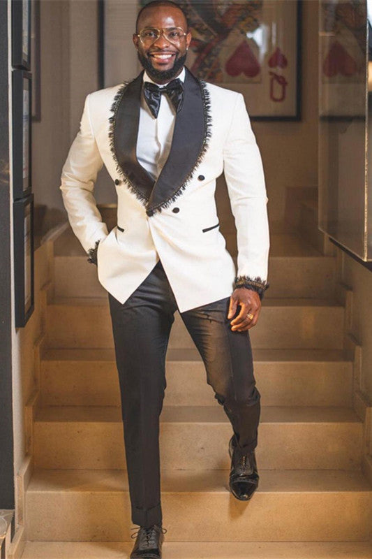White Double Breasted Shawl Lapel Wedding Suit with Tassels by Ackerly-BallBride