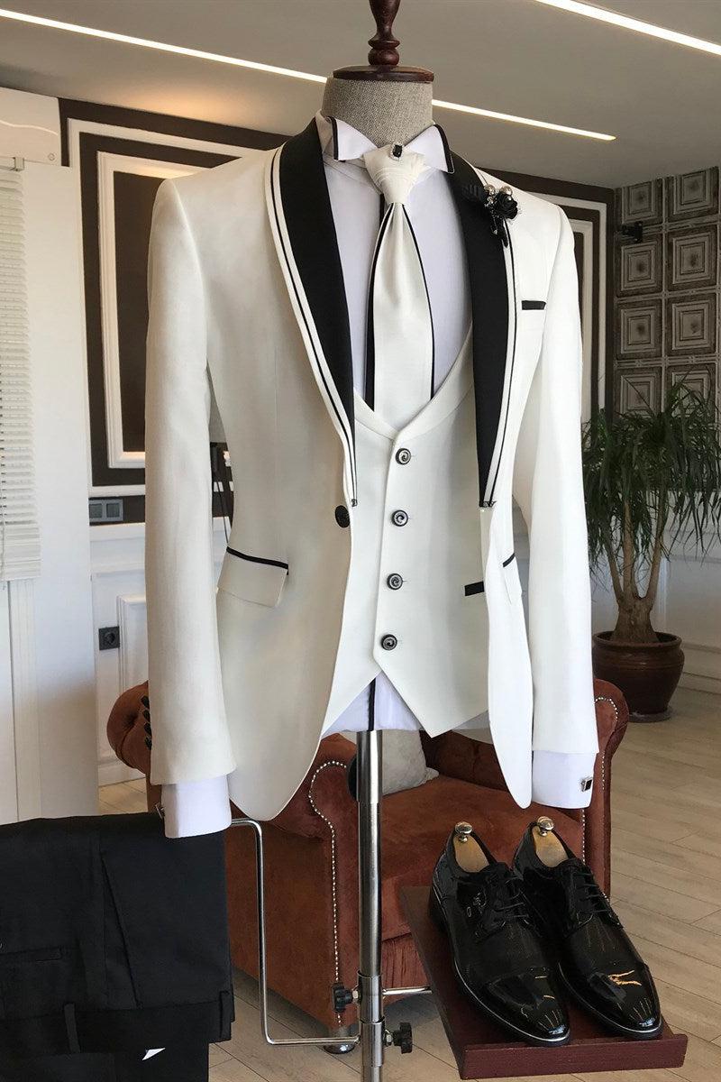 White Easy Fit Bespoke Wedding Suit with Black Shawl Lapel for Men - London-BallBride