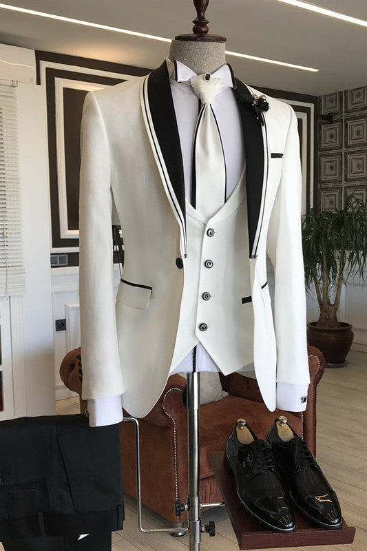 White Easy Fit Bespoke Wedding Suit with Black Shawl Lapel for Men - London-BallBride