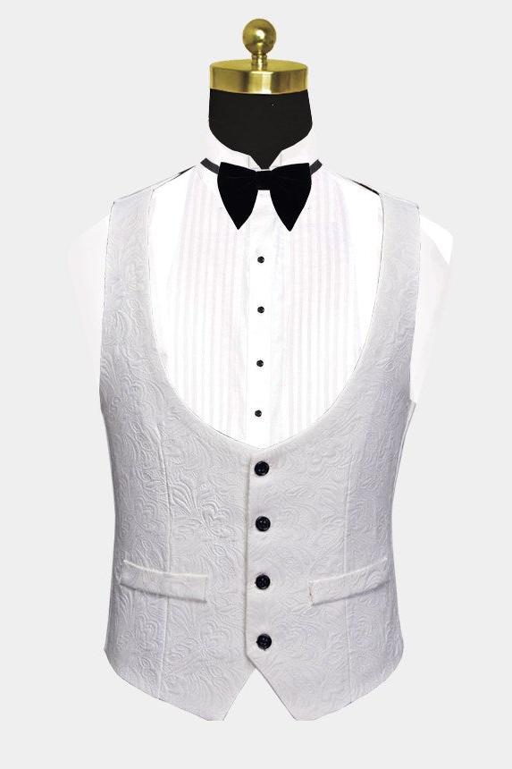 White Floral Men Suit with Black Lapel - 3 Piece Dinner Set-BallBride