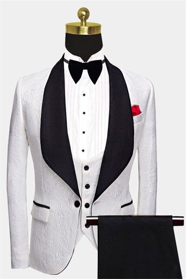 White Floral Men Suit with Black Lapel - 3 Piece Dinner Set-BallBride
