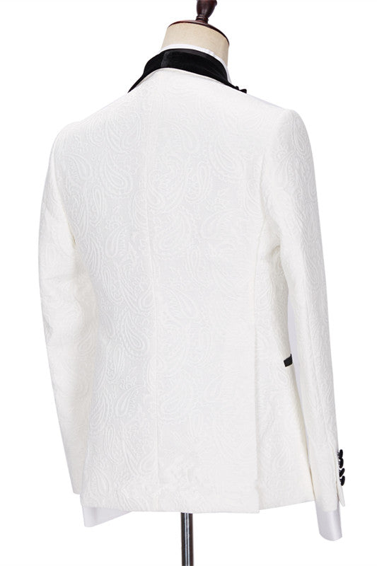 White Jacquard 3-Piece Wedding Suit with Velvet Lapel for Men ¡§C New Arrival-BallBride