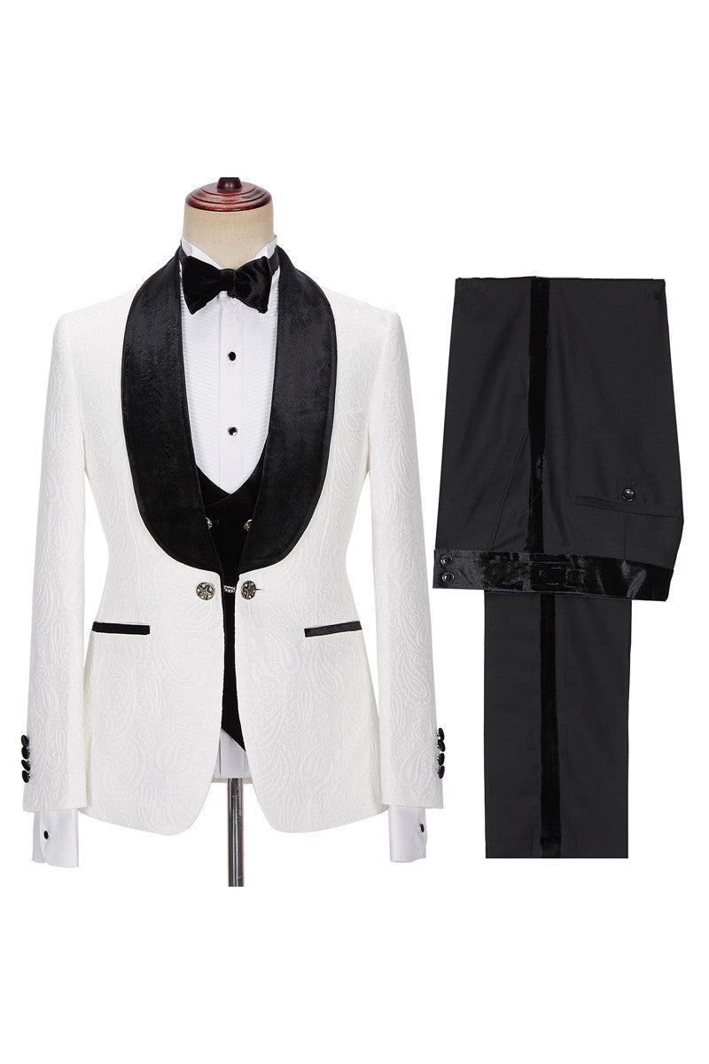 White Jacquard 3-Piece Wedding Suit with Velvet Lapel for Men ¡§C New Arrival-BallBride
