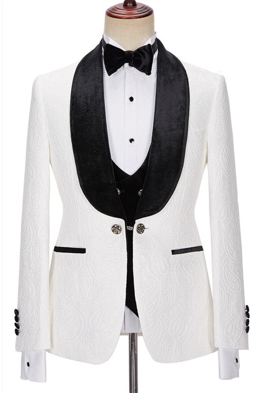 White Jacquard 3-Piece Wedding Suit with Velvet Lapel for Men ¡§C New Arrival-BallBride
