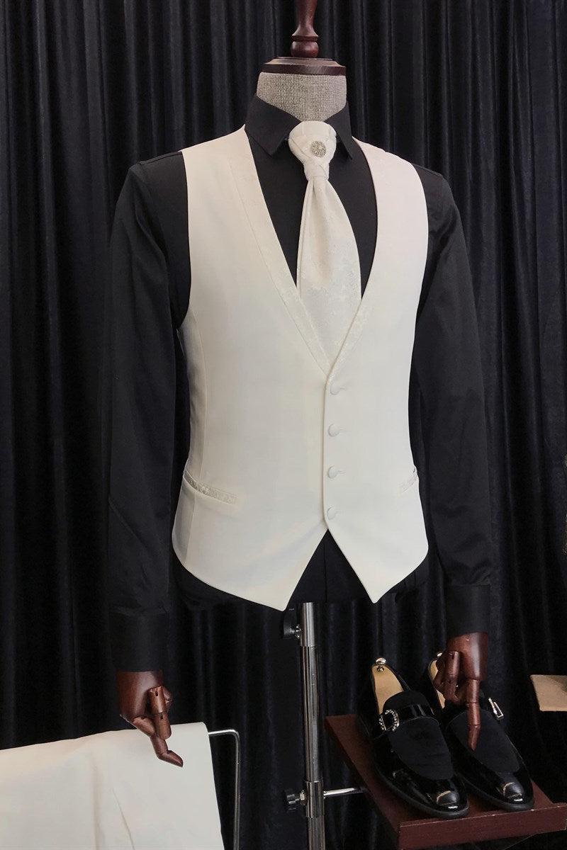White Jacquard 3-Piece Wedding Suits with Special Lapel-BallBride