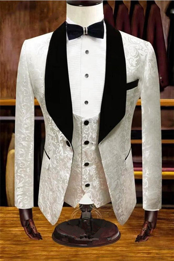 White Jacquard 3-Piece Wedding Tuxedos | Men Suits for Groom-BallBride