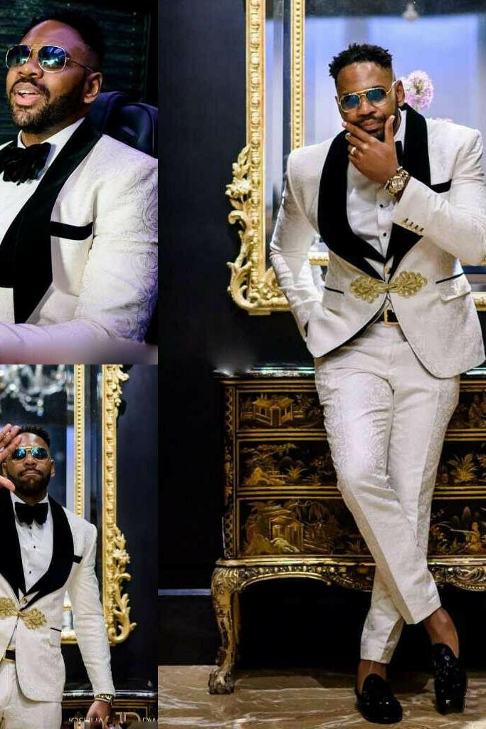 White Jacquard Lapel Wedding Groom Suit for Men - 3 Piece Set-BallBride