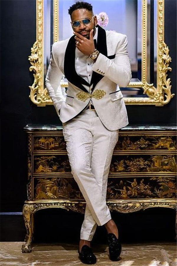 White Jacquard Lapel Wedding Groom Suit for Men - 3 Piece Set-BallBride