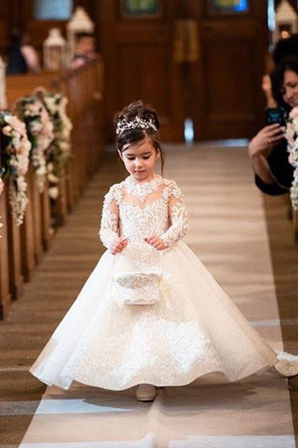 White Jewel Long Sleeve Ball Gown Flower Girl Dress with Tulle Appliques and Lace Bow-BallBride