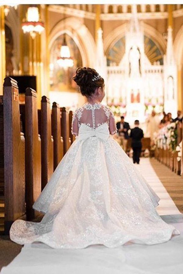 White Jewel Long Sleeve Ball Gown Flower Girl Dress with Tulle Appliques and Lace Bow-BallBride