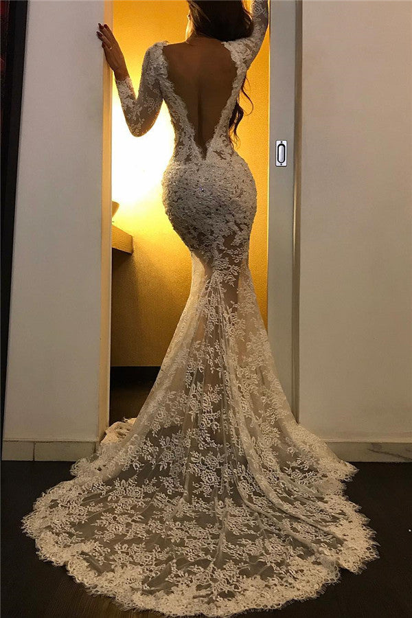 White Lace Long Sleeves Front-Split V-Neck Prom Dress-BallBride
