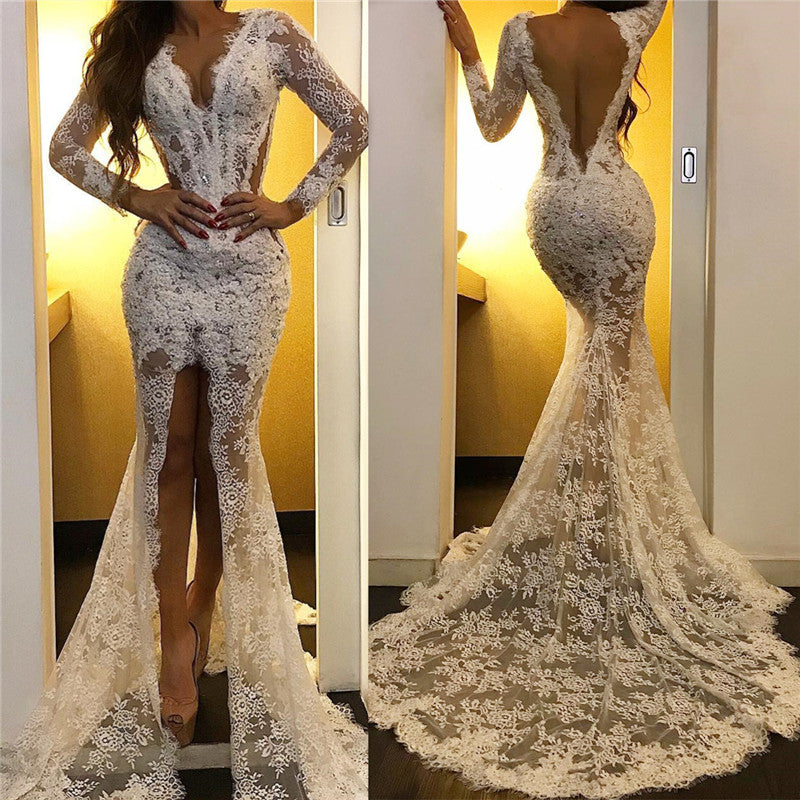 White Lace Long Sleeves Front-Split V-Neck Prom Dress-BallBride