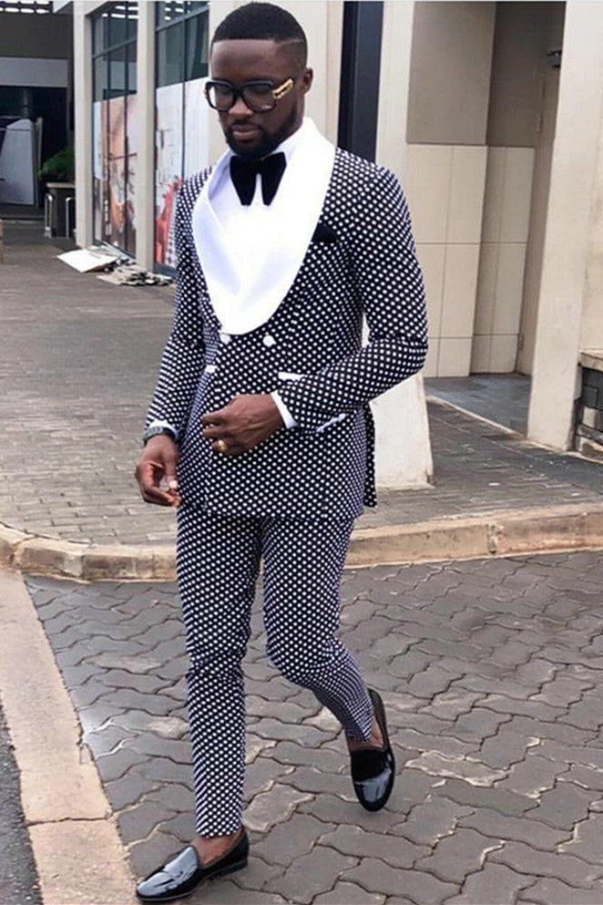 White Lapel Double Breasted Men's Suit with Black Dot Shawl Lapel-BallBride