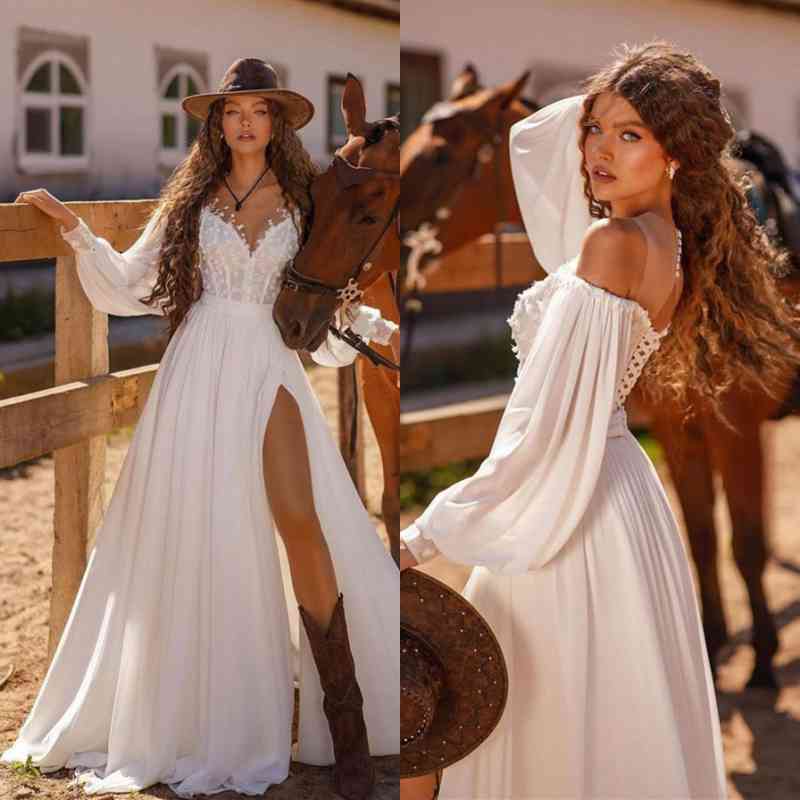 White Long A-line V-neck Chiffon Lace Front Slit Wedding Dresses with Sleeves-BallBride