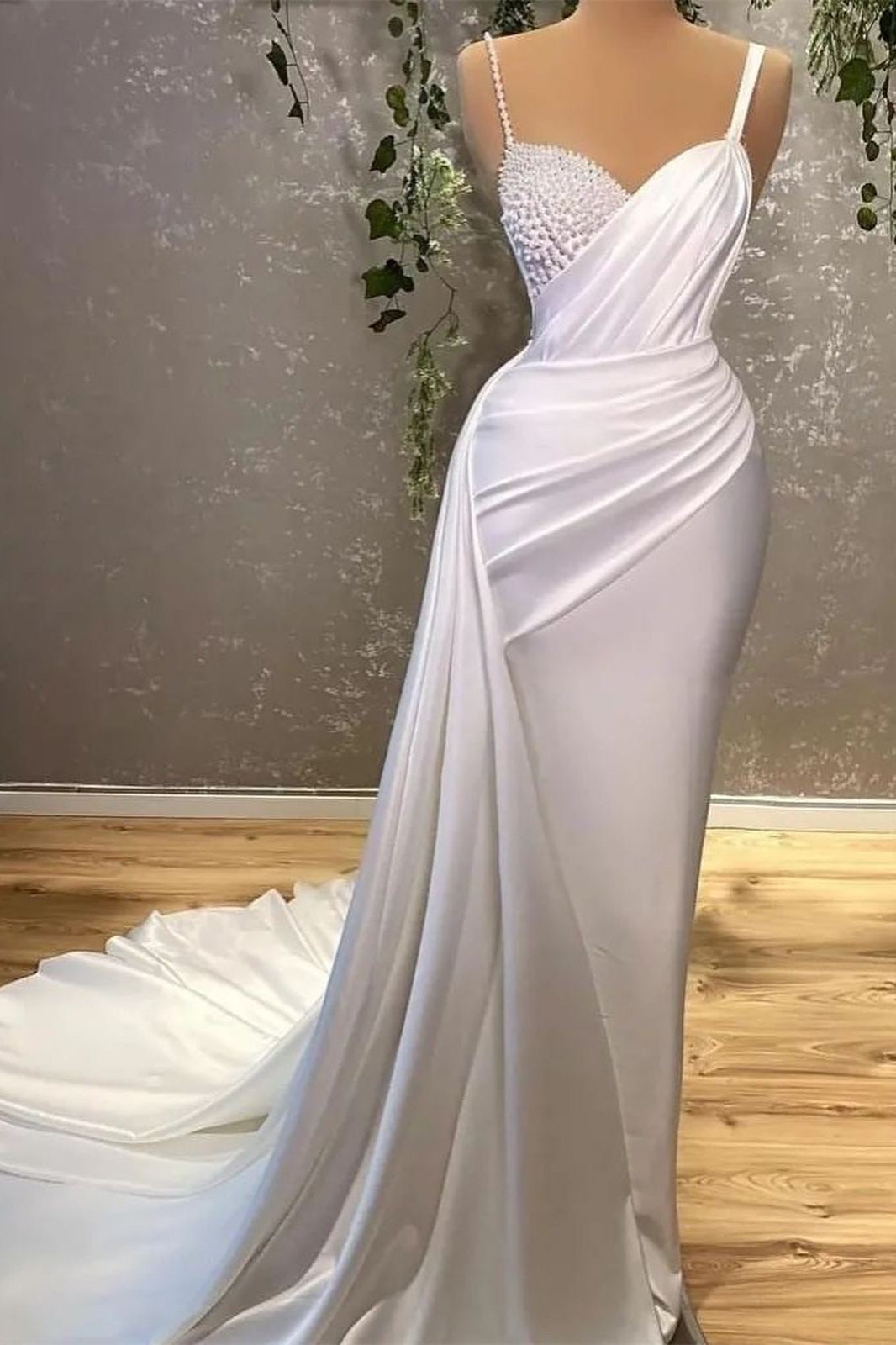 White Long Mermaid Spaghetti Strap Satin Pearls Evening Prom Dresses-BallBride