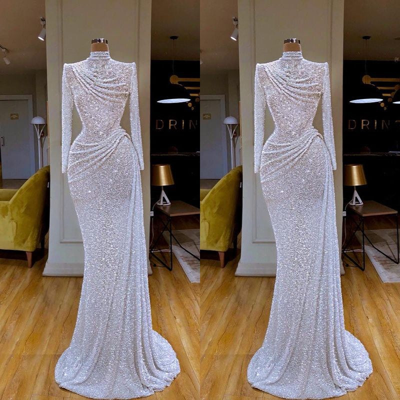 White Long-Sleeve Sequins High Neck Sheath Prom Dress-BallBride