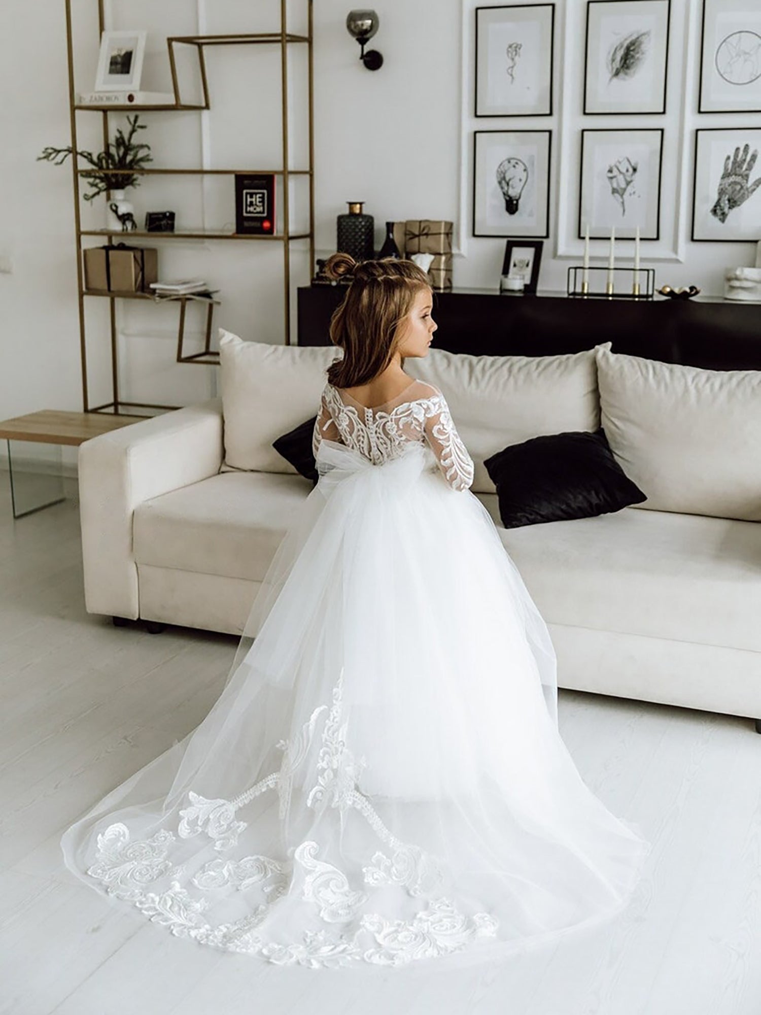 White Long Sleeves Ball Gown with Bow Appliques for Flower Girl Dress-BallBride
