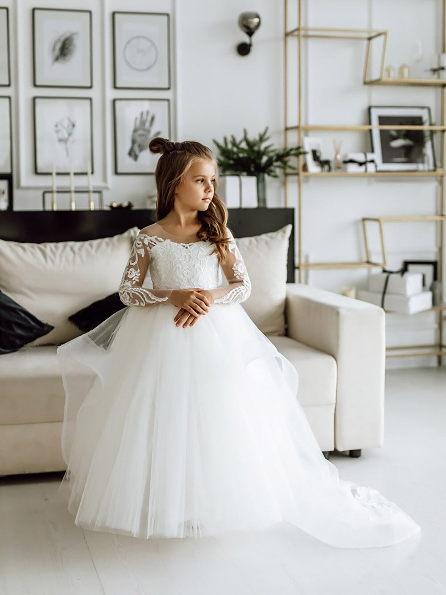 White Long Sleeves Ball Gown with Bow Appliques for Flower Girl Dress-BallBride