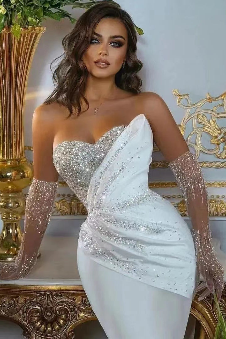 White Mermaid Sweetheart Long Gloves Beads Wedding Dress With Ruffles-BallBride