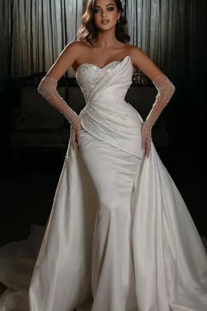 White Mermaid Sweetheart Long Gloves Beads Wedding Dress With Ruffles-BallBride