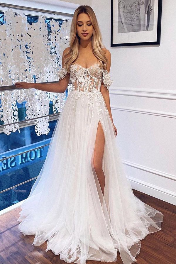 White Off-the-Shoulder A Line Boho Wedding Dress with Lace-BallBride